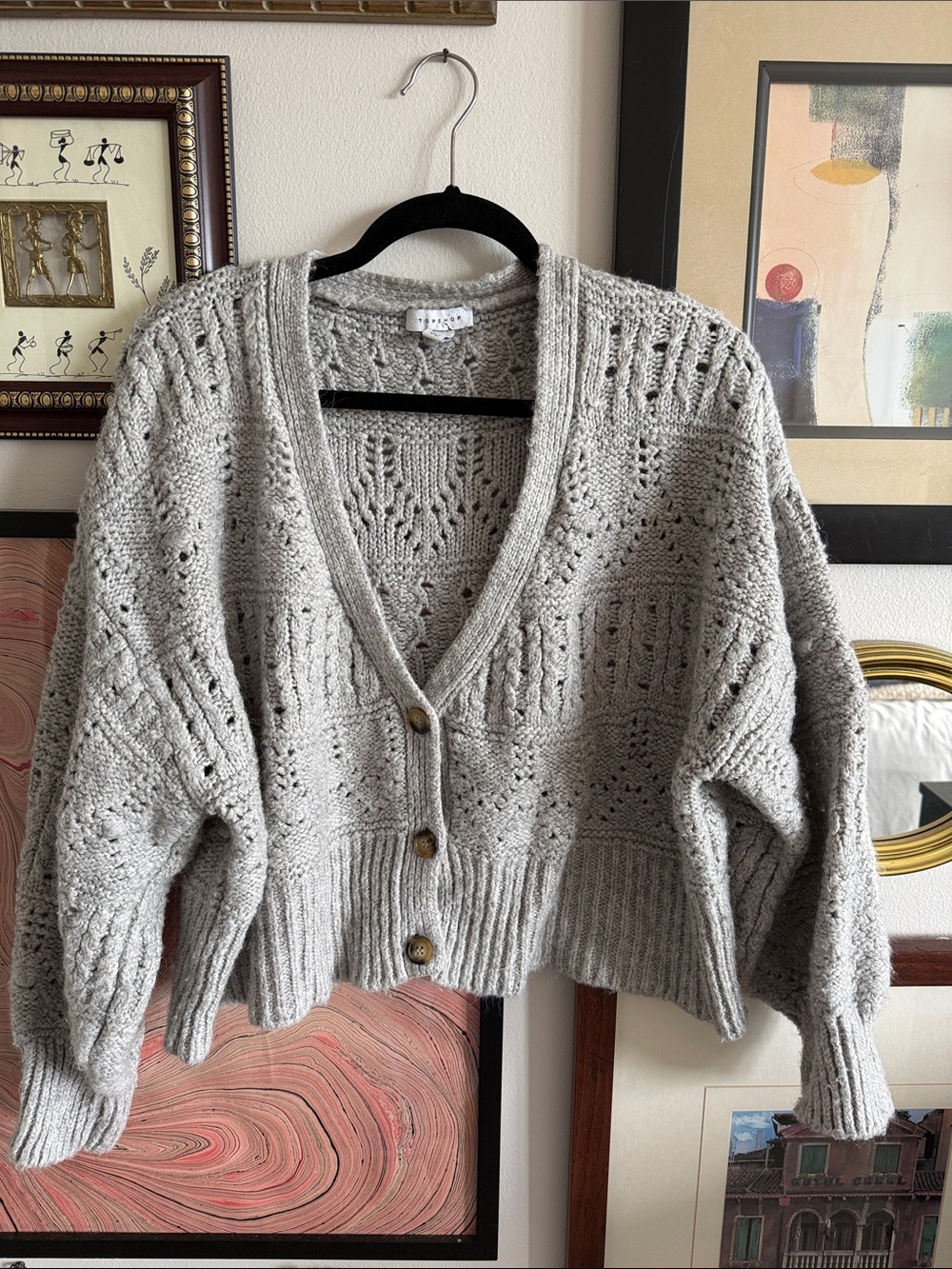 Topshop Light Gray Open-Knit V-Neck Button Cardigan